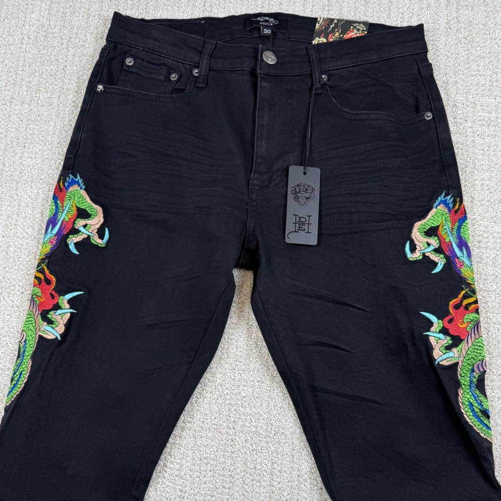 NEW Ed Hardy Mens 30x38 Black Dragon Embroidered Stacked Bootcut Stretch Jeans